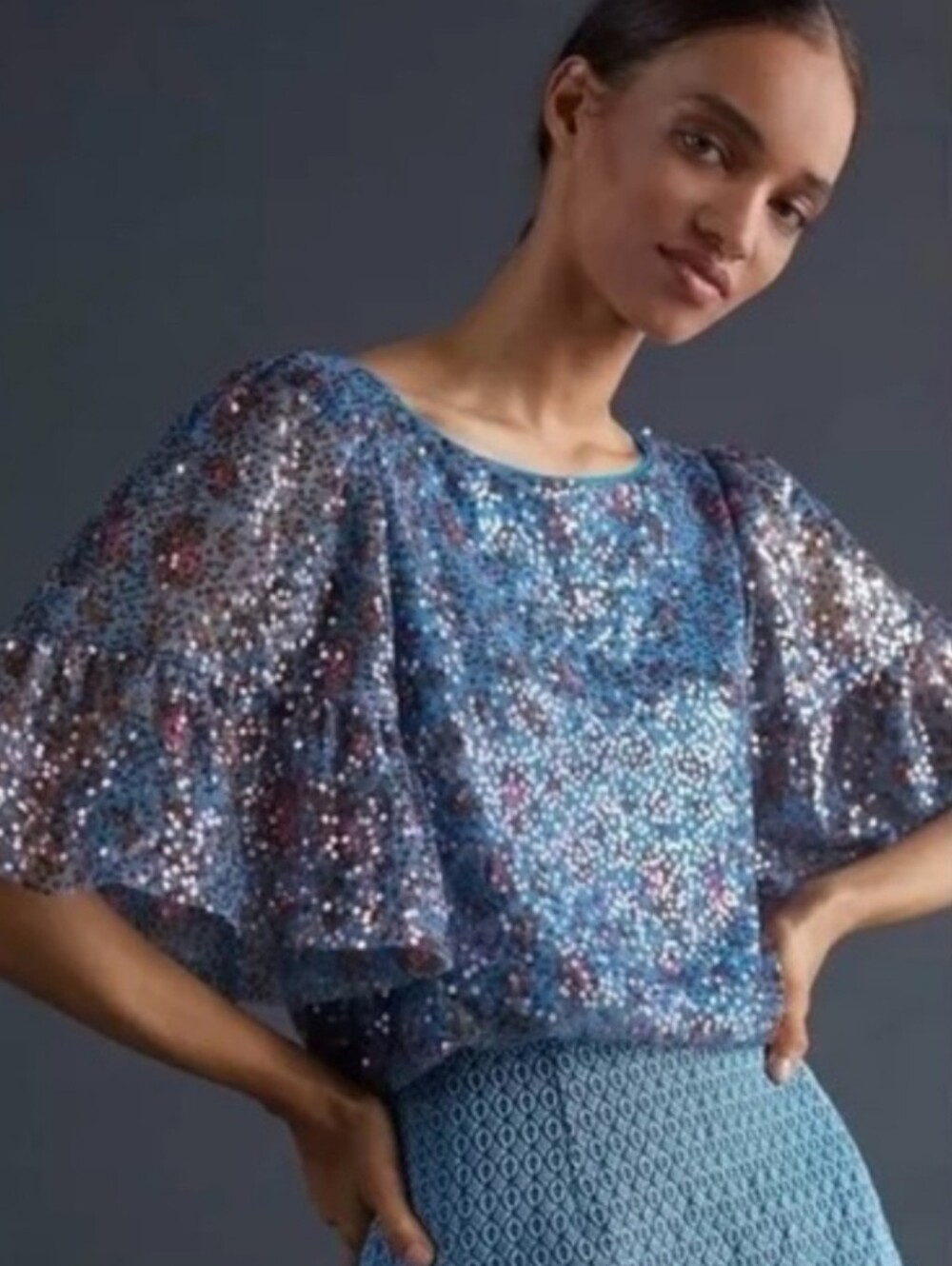 Maeve Anthropologie Blue Sequin Ruffle Sleeve Blouse